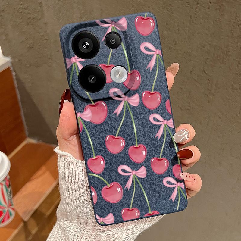 Crystal Cherry Fruits Bowknots Pattern Case For Xiaomi 14T 13T 11T Pro Funda Redmi Note 14 13 Pro 5G 12 11 Leather Texture Silicone Cover