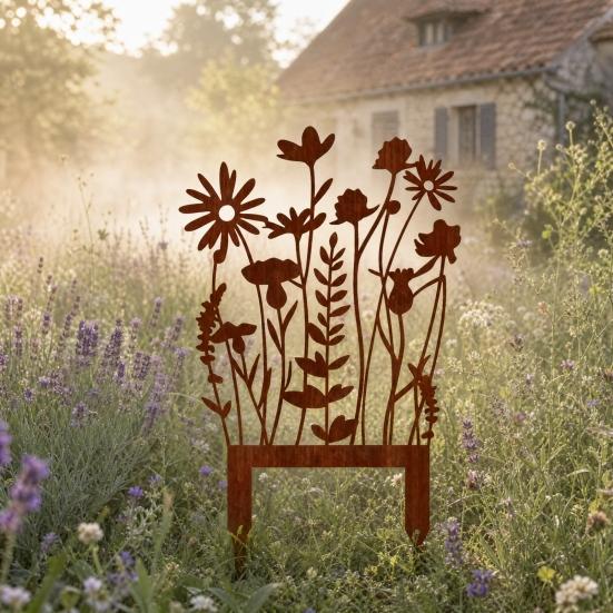 Rusty Flowers Garden Stake, Distressed Metal Flower Yard Art Stake, Retro 2D Flowers Decoration for Yard Lawn Flower Bed