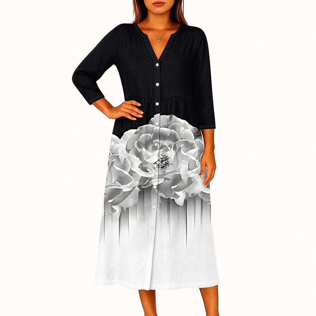 Dámské módní tištěné kulaté sedmiminutové rukávy knoflíkové volné košilové šaty