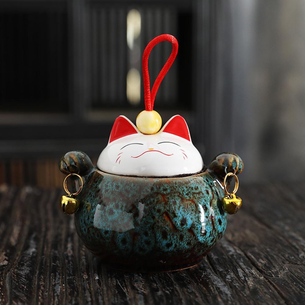 Cartoon Tea Sealed Jar Lucky Cat Tea Storage Box Ceramic Tea Canister  Office Decor Blue S