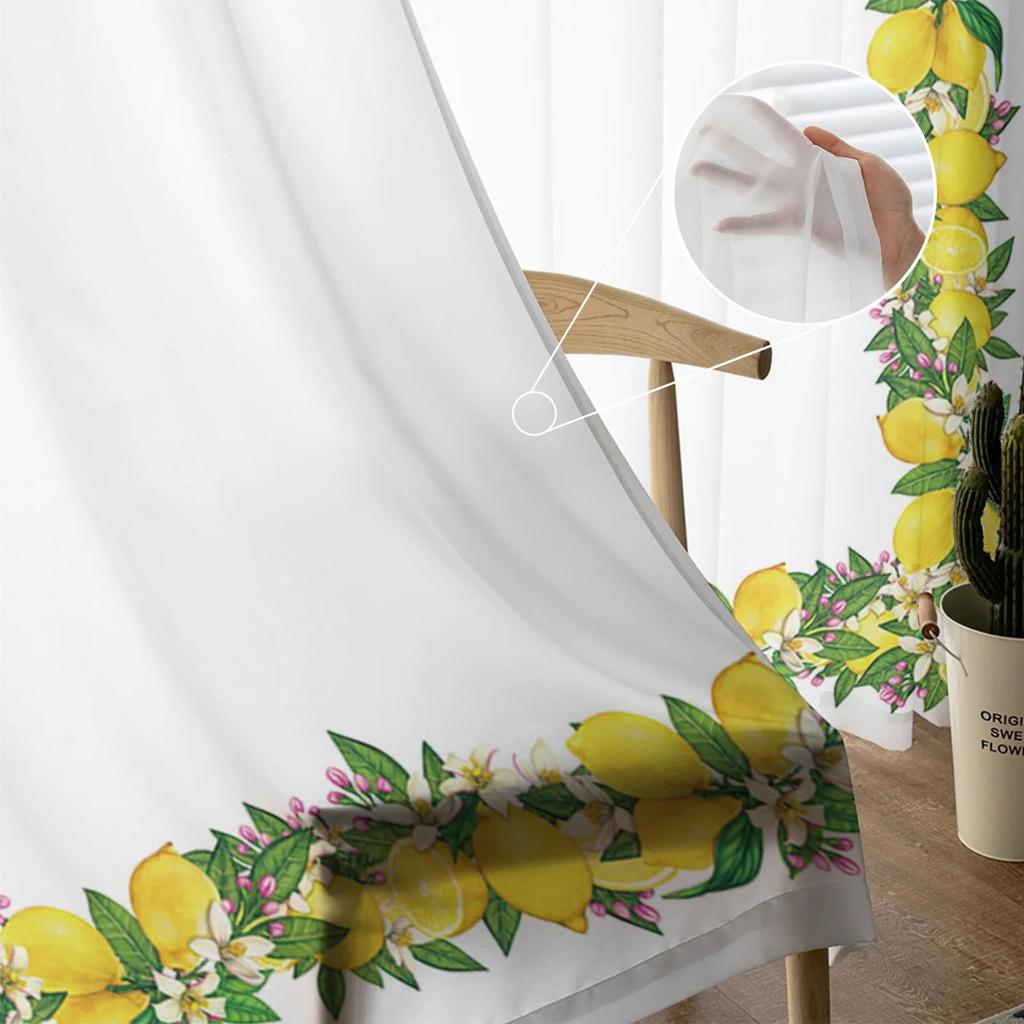 Cortinas transparentes de janela com frutas de verão e limão para sala de estar, cozinha, quarto infantil, cortina de voile suspensa