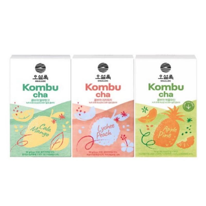 

Osulloc Kombucha Set (Calamango 5g × 10, Lychee Peach 5g × 10, Apple Pine 5g × 10)