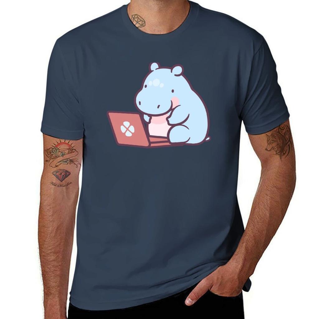 Cute Cartoon Baby Hippo Laptop Tshirt Running Perforunisexce Short Sleeve Tee