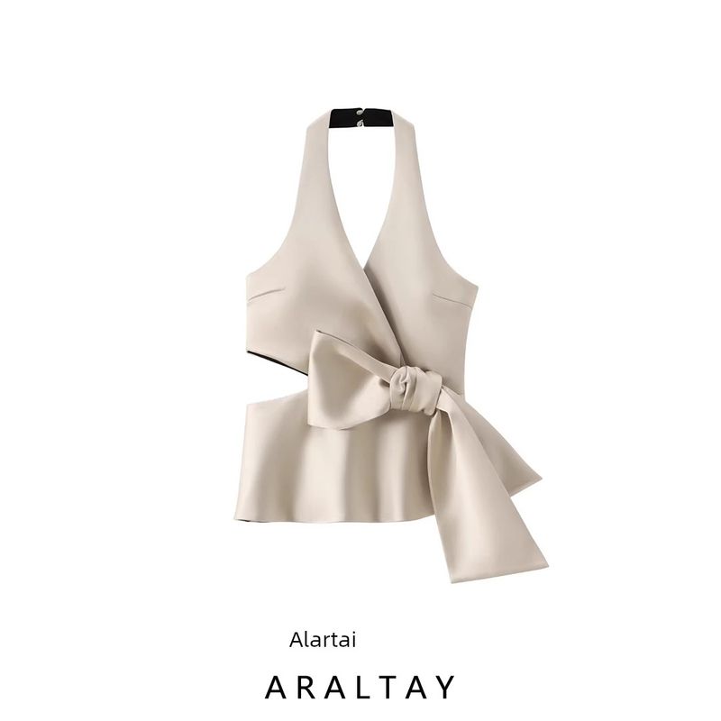 Araltay Fashion Style Women's Clothing New Sexy Bowknot Decoration Silk Satin Texture Halter Top 3506399
