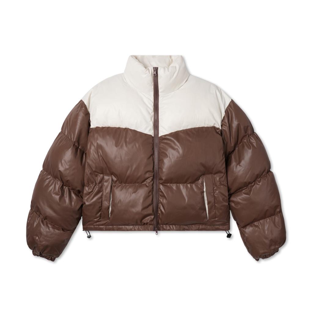 Apostrophe Comma Glossy Two-Tone Curved Crop Short Padded Jacket _Brown