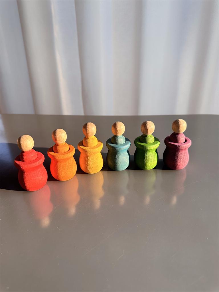 Beech Wooden Rainbow Sorting Toys Early Learning for Kids Pastel Pot Peg Dolls with Balls