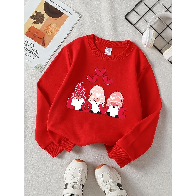 Valentine's Day Fashion Girls' Polyester Long-Sleeve Crewneck SweatshirtLove Gnomes Hearts Valentine Soft, Comfortable, Warm