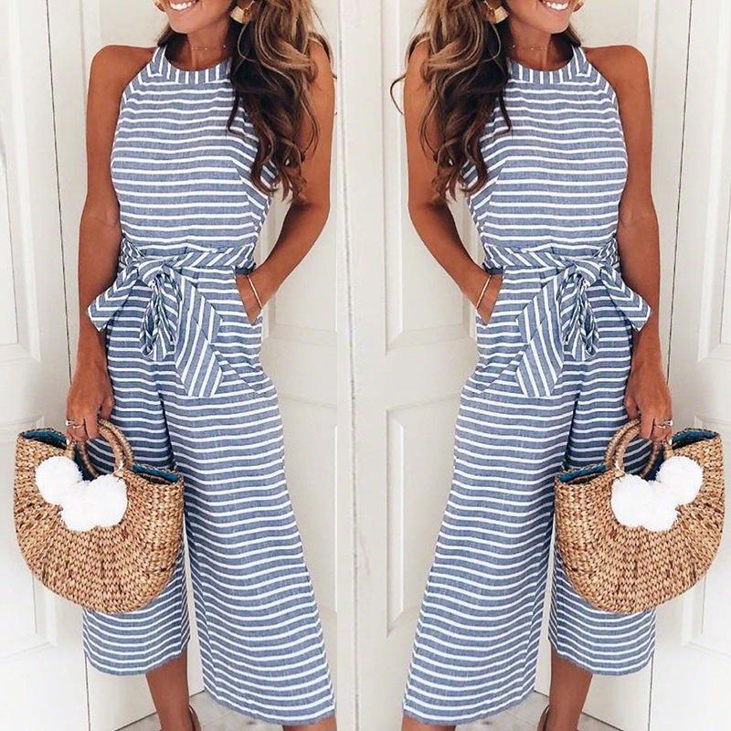 Summer Striped Womens Wide Leg Holiday Jumpsuits Playsuits Culotte Elegant