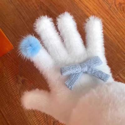 Korean Cute Blue Bow Knit Plush Gloves, Women's Fleece-Lined Winter Warmth