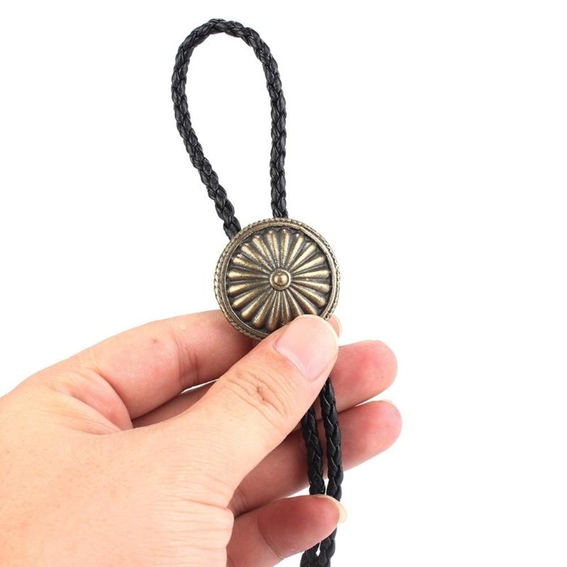 Mens Bolo Tie Necktie Faux Leather Braided Rope Necklace with Metal Round Flower Pendant Jewelry Cowboy Hat Accessories