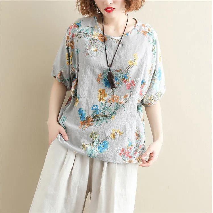 Vintage Printed O-Neck Half Sleeve Shirt Oversized Loose Commute Women's Clothing Summer Fashion Casual Blouse