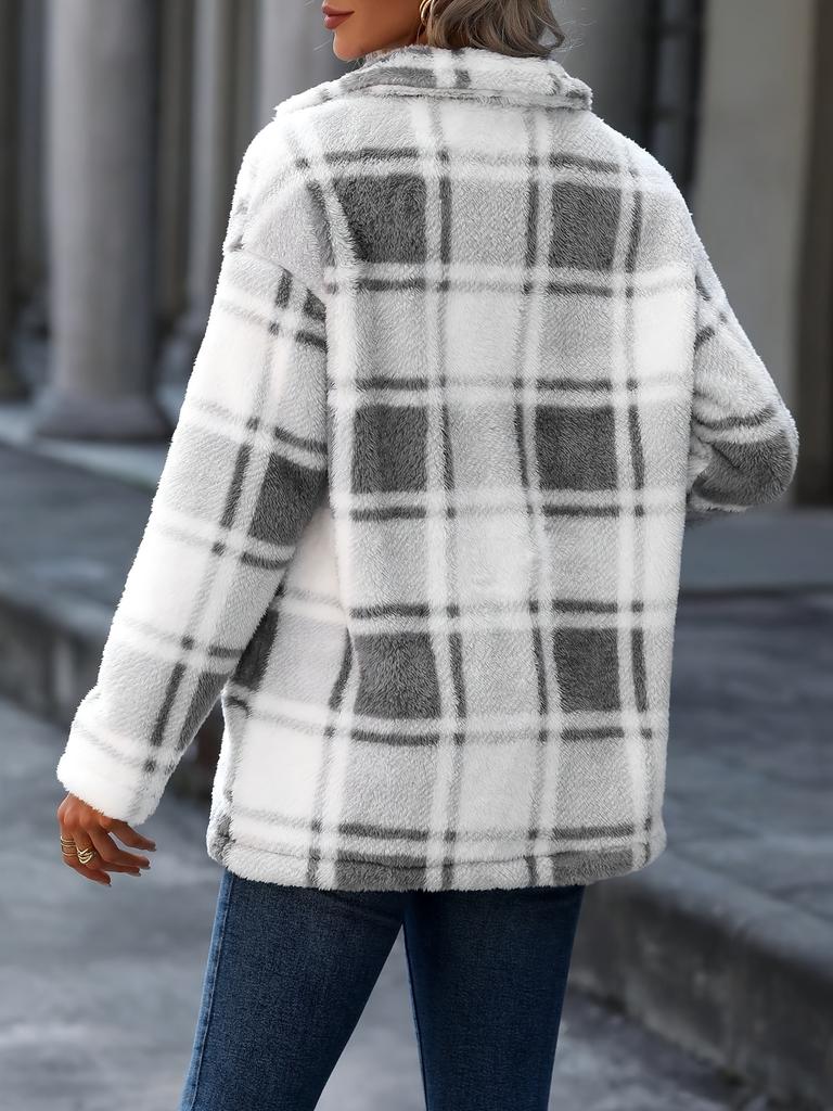 Women'S Plaid Check Faux Fur Coat with Double Pockets - Stylish Fall/Winter Outerwear, Button-Up, Fall Winter Coat | Check Pattern Coat