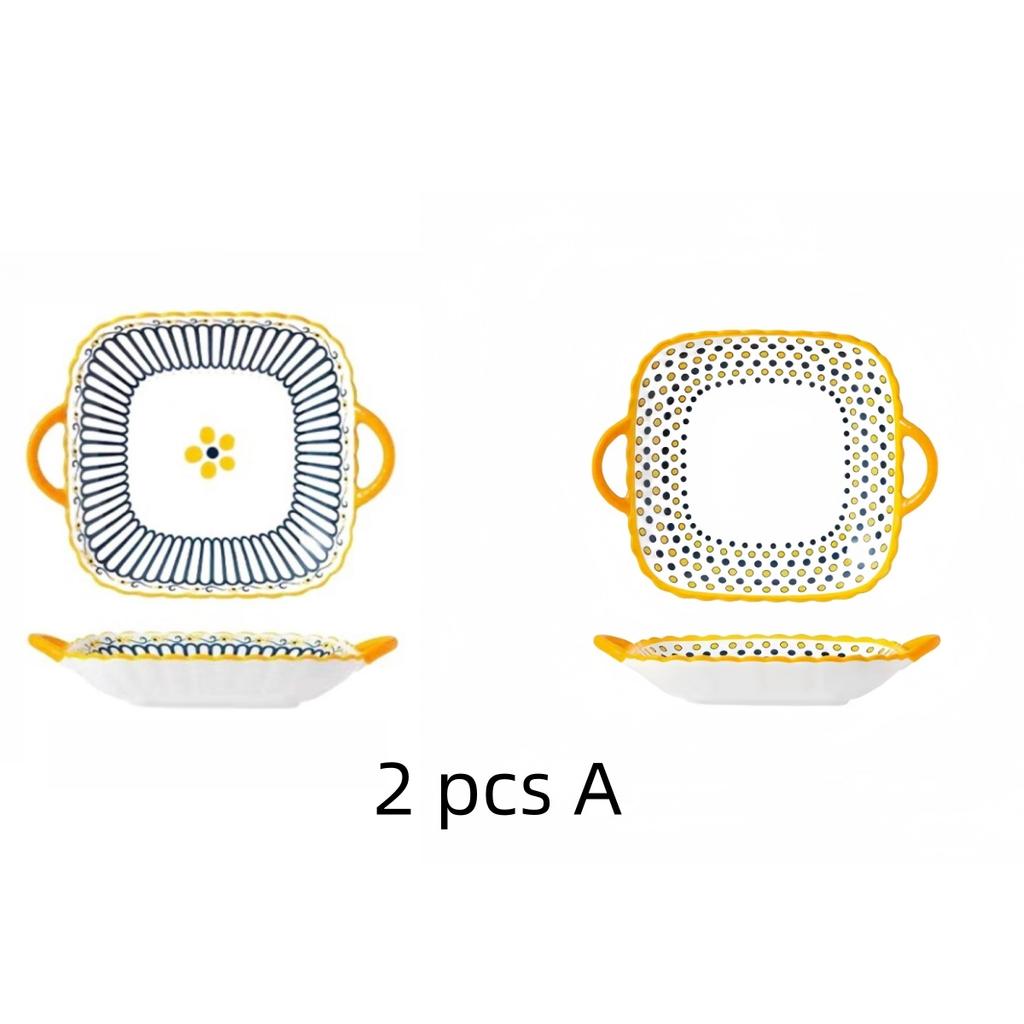 2 Pcs Ceramic Japanese Style Square Plates with Double Ears and Pasta Salad Platessuitable for Microwave Ovens and Ovens