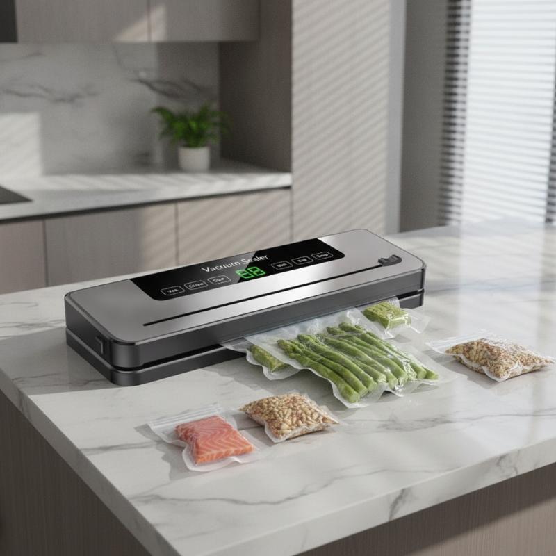 1Set Kitchen Food Storage Seal Electric Vacuum Sealer Built-In Cutter Touch Button Dry/Wet Food Sealing Vacuum Packaging Machine