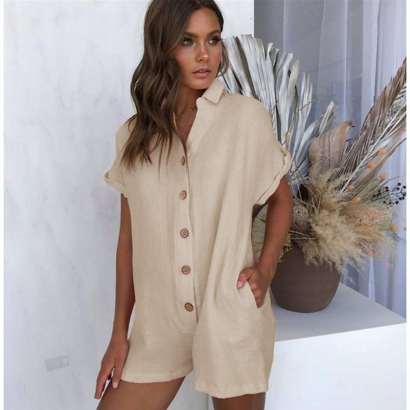 

Collar Short Sleeve Sleeve Button Jumpsuit Lapel Short Sleeve Button One-Piece Shorts Khaki L