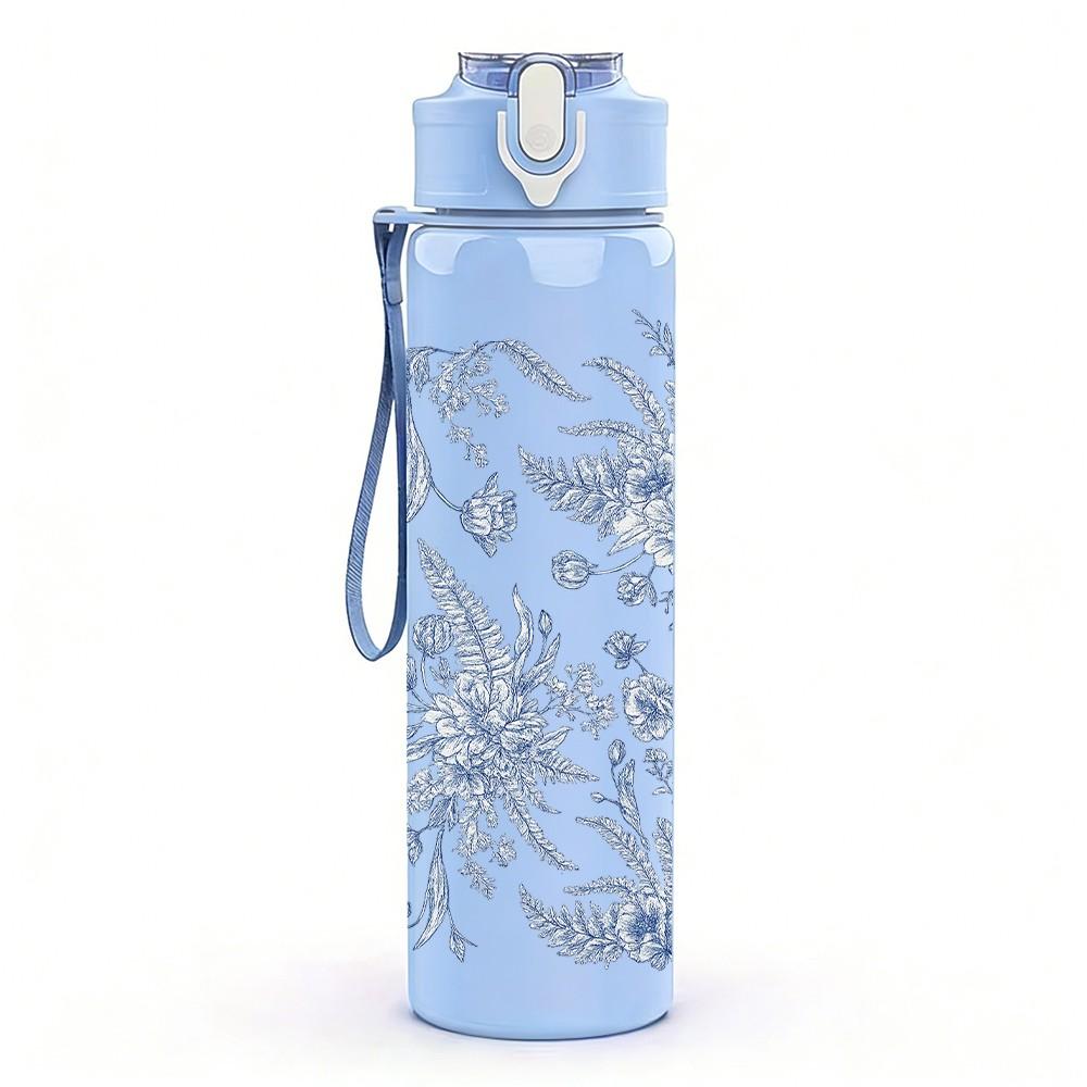 1PC Frosty Blue Winter Pine Floral Print 750ml Color Plastic Sports Water Bottle Leakproof Flip Straw Lid Suitable for Sports Office Home Use