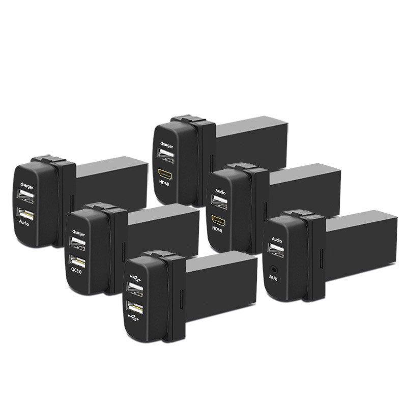 Mitsubishi Dual USB Car Charger with QC3.0 Fast Charge, AUX, HDMI, and USB Flash Drive Support