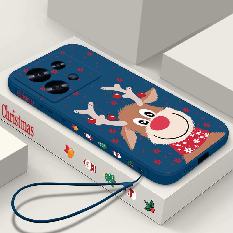 Cute Christmas Elk Printed Lanyard Phone Case For Xiaomi Redmi Note 14 13 12 Pro Note 13 14 Pro Plus 5G 13 13C 4G 11 10 Pro Silicone Cover