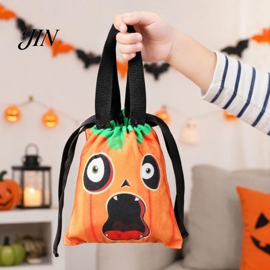 Holiday Themed Candy Holder Halloween Pumpkin Ghost Tote Bag, Trick or Treat Bag with Double Sided Print Side Print, Sturdy Reusable Party Favor Gift