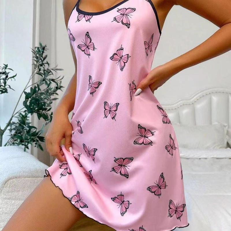 Heart Print Casual Frill Trim Sleepwear Women's Sexy Lingeire Nightdress Round Neck Backless Slip Dress Comfortable Nightgown