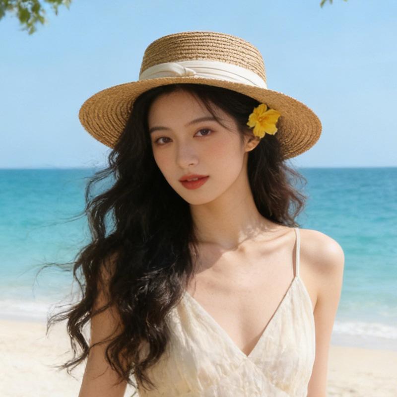 Straw hat woman sweet versatile seaside sunshade sunscreen bucket hat big eaves show washbasin hat tide
