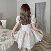 Summer Mori French Dress Square Neck Bubble Sleeve Fish Bone Pinch Waist Dress Jacquard Princess Pure Dress