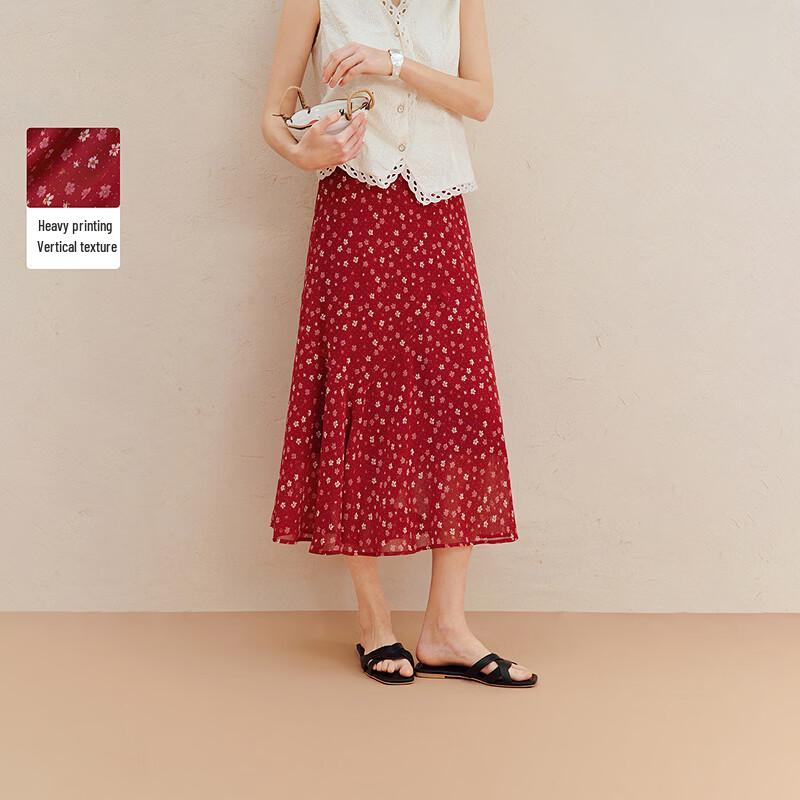 French Retro Floral Print A-line Skirt S