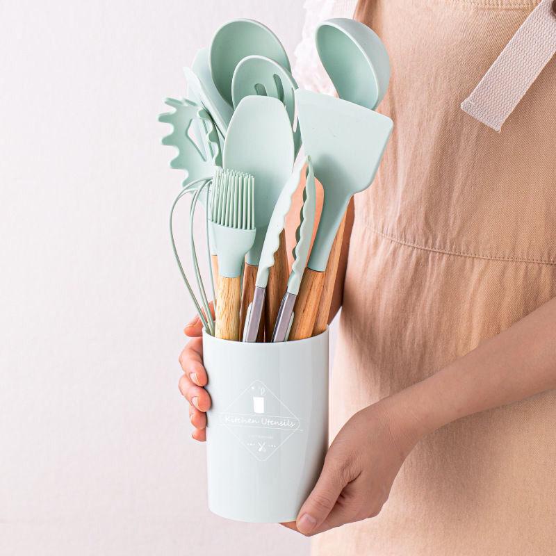 Non-Stick Silicone Spatula and Spoon Set with Wooden Handle - High Temperature Resistant Kitchen Tools