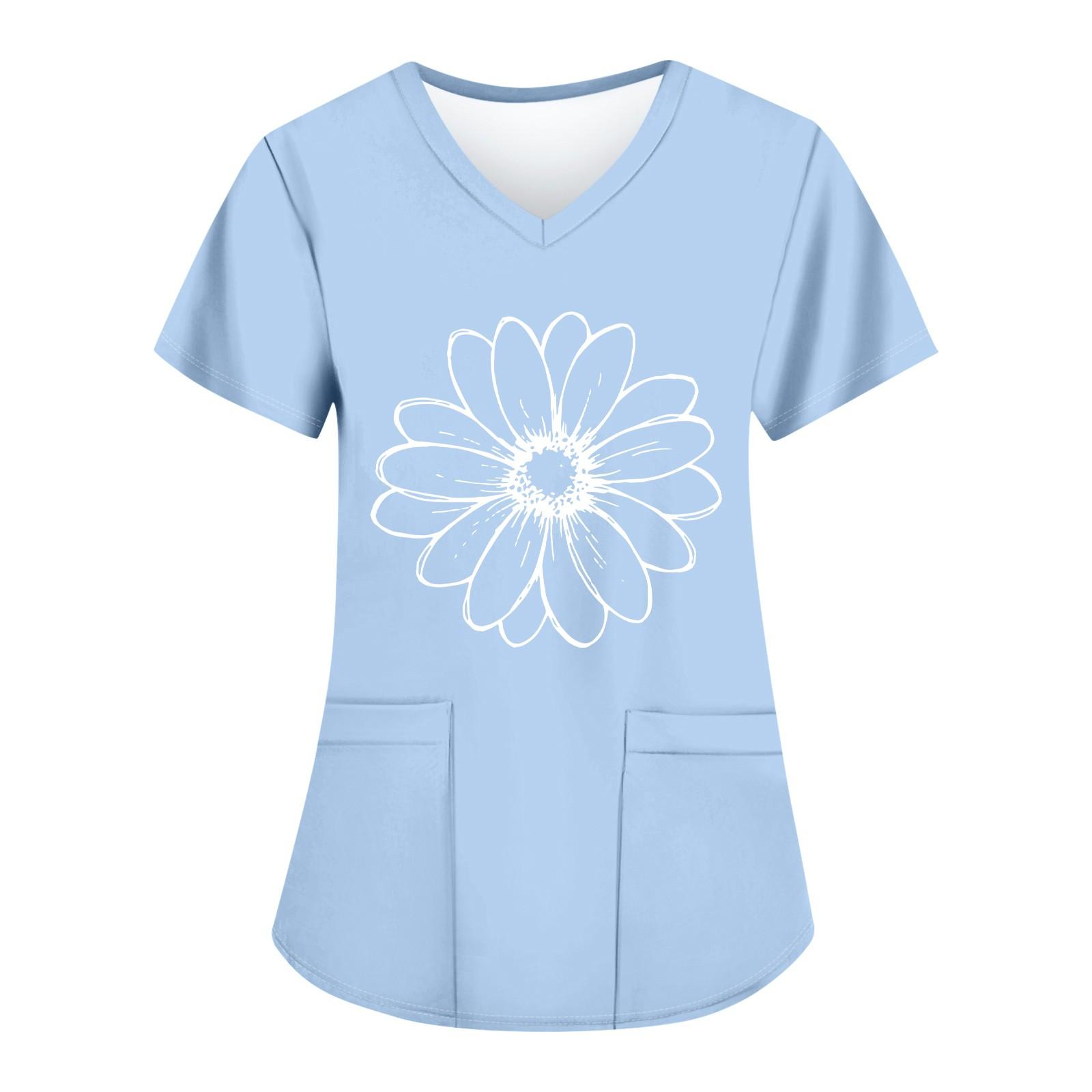 

Женские модные топы с короткими рукавами и V-образным вырезом с принтом, рабочие футболки с карманами L синий