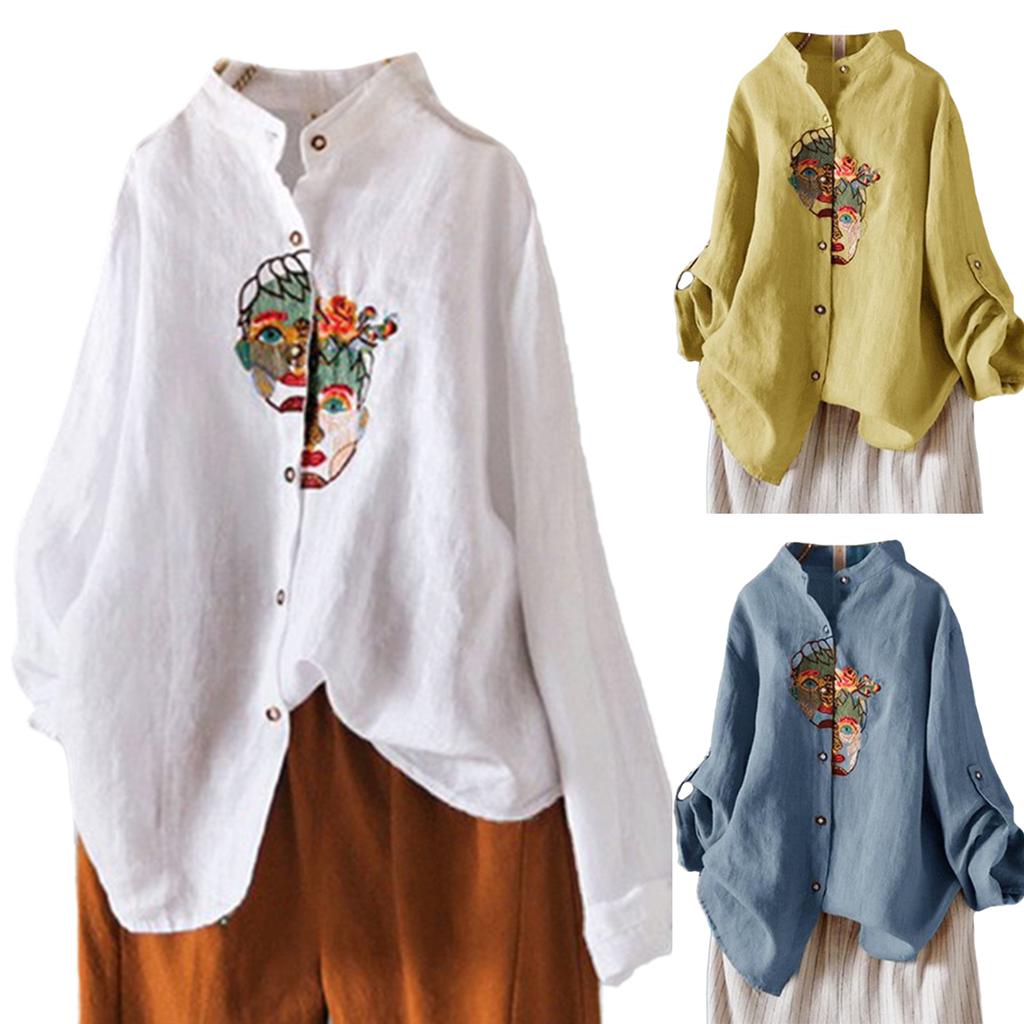 Ladies Embroidered Long Sleeve Single Breasted Vintage Shirts Plus Size