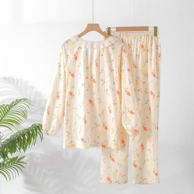 2026 Spring and Autumn Women's Pajama Set 100% Cotton Gauze Cute Sweet Long Sleeve Cardigan Thin Home Clothes Two Piece Set
