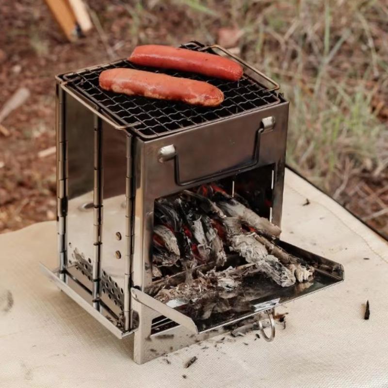 Portable Mini Square Barbecue Stove Foldable Stainless Steel Charcoal Wood Stove Outdoor Camping Barbecue Heating Stove