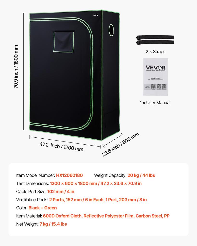 VEVOR Indoor Grow Tent, 120 x 60 x 180 cm, 600D High Reflective Mylar, Indoor Plant Tent with Observation Window, Floor Tray & Zipper