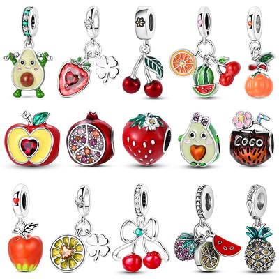 925 Silver Fruit Charm Bead Strawberry Cherry Avocado Pendant for DIY Fashion Jewelry Bracelet