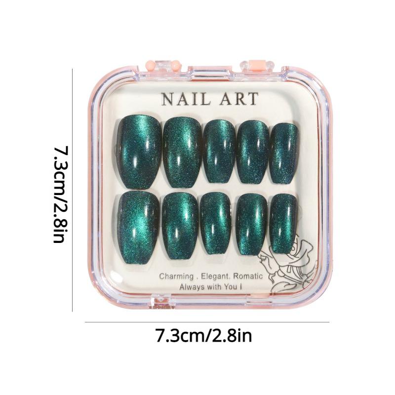 Green Cat Eye Fake Nails, Reflective Glitter Nail Design, Gloss Glue Nails, Fully Covered Short Square Fake Nails, Suitable for Women and Girls