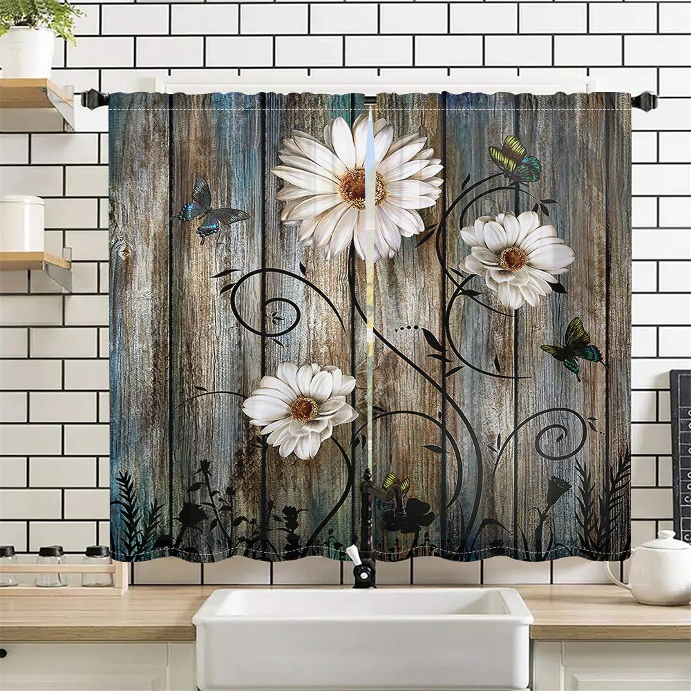 2Pcs Rustic Floral Curtains Vintage Wood Grain Daisy Butterfly Pattern Living Room Bedroom Balcony Sunshade Decor Curtains