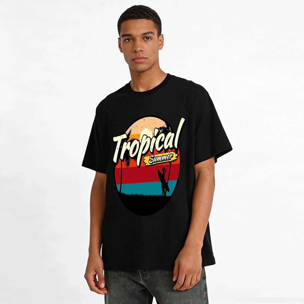Vintage Tropical Summer Surf Girl Casual Short Sleeve T-Shirt Pure cotton T-shirt
