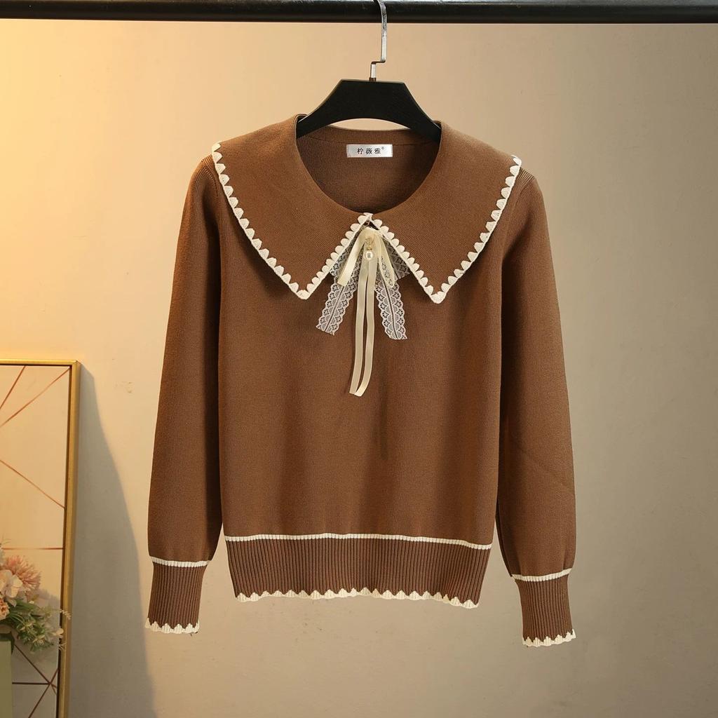 Sweater Female Autumn and Winter Sweet Doll Collar Shows Thin All Tie Bowtie Long-sleeved Blouse