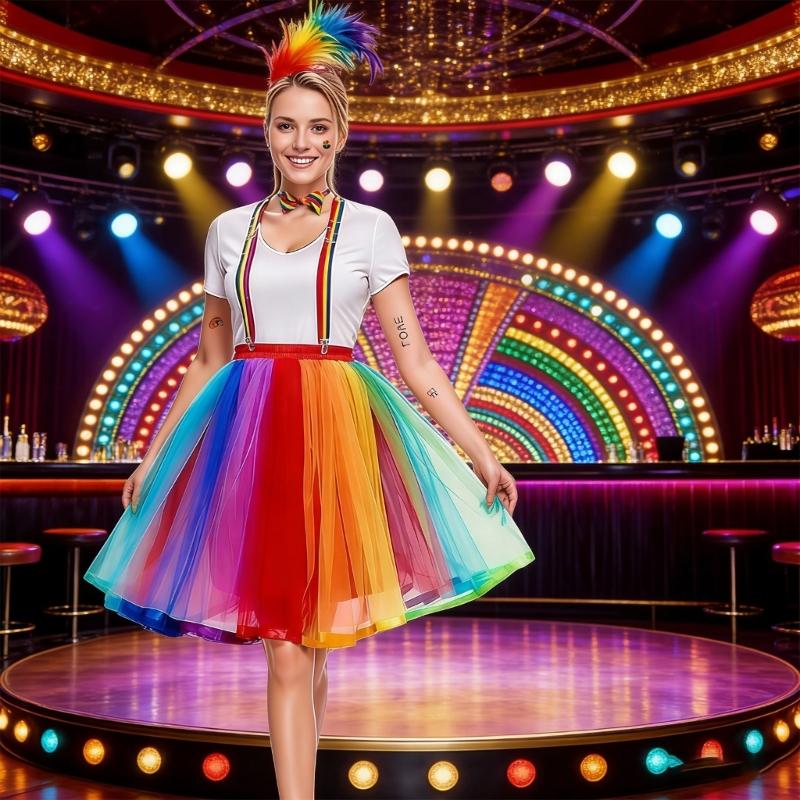 Clown Costume Set for Women Halloween Costume Circus Outfit Rainbow Tutus Skirt Feather Headband Socks Suspenders Bowtie