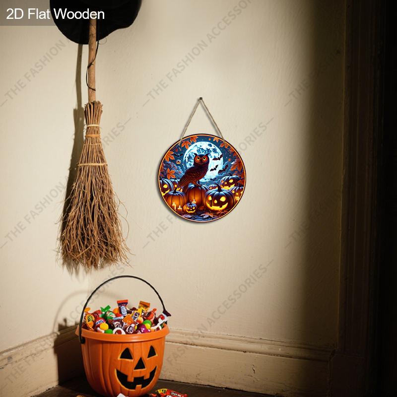Halloween Owl Pumpkin Moon Round Flat Wooden Hanging Sign