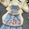 French Romantic Style Blue Floral Spaghetti-Strap Long Dress for Women Summer Korean-Style Tiered Slimming VacationBeach Dress