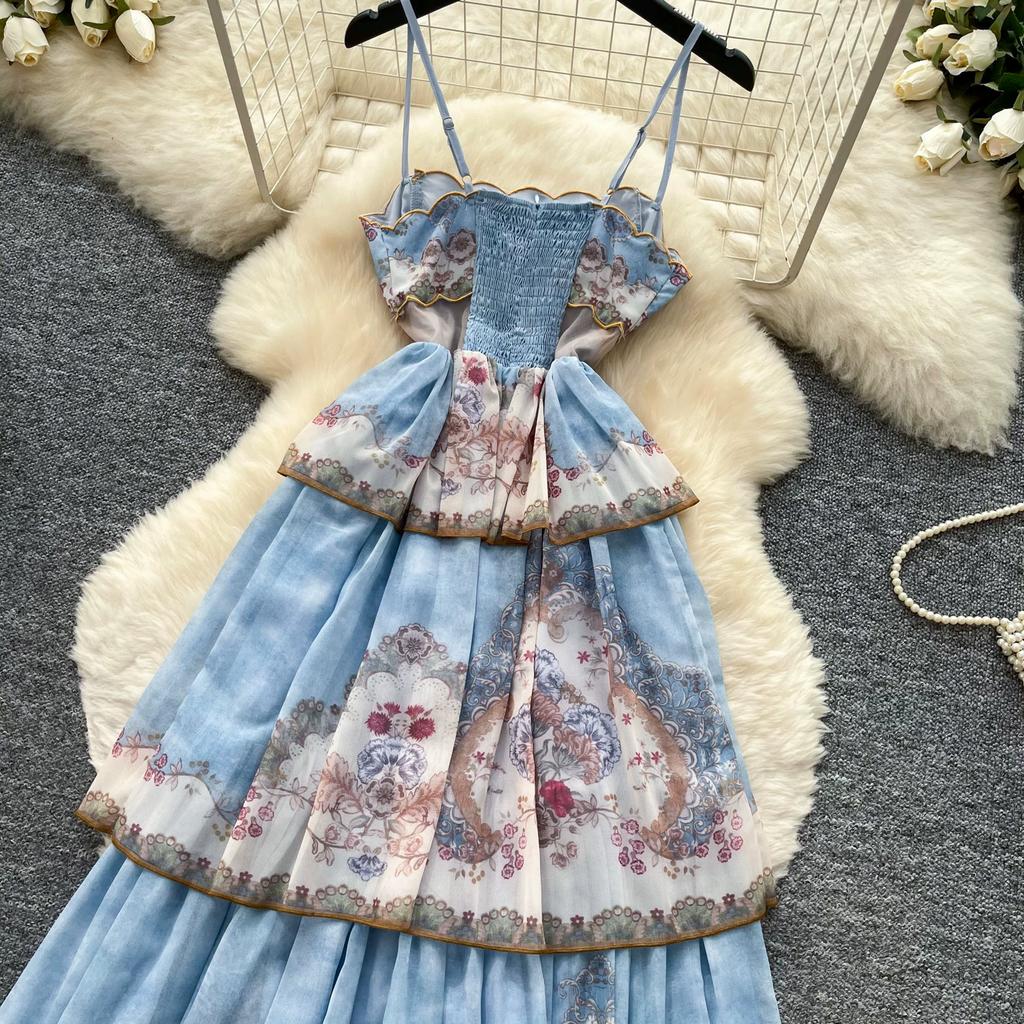 French Romantic Style Blue Floral Spaghetti-Strap Long Dress for Women Summer Korean-Style Tiered Slimming VacationBeach Dress