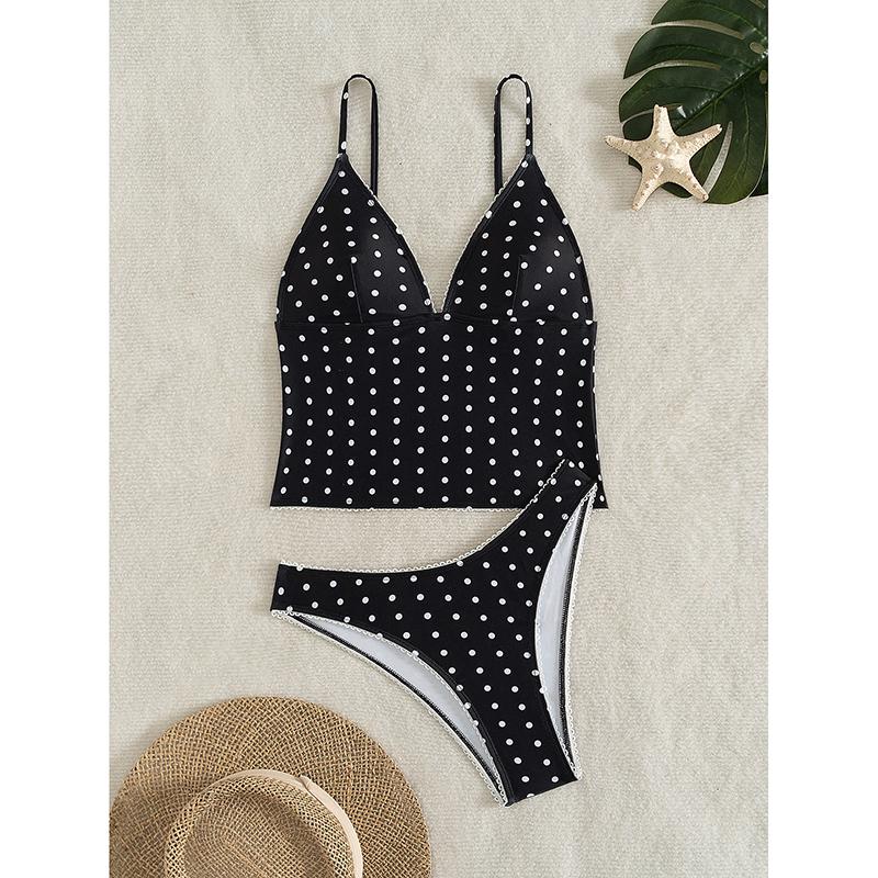 

Летний купальник из двух частей с принтом черных точек для женщин, топ-кроп на V-образном вырезе, комплект бикини, пляжный купальник, купальник с высокой талией, бикини XL чёрный