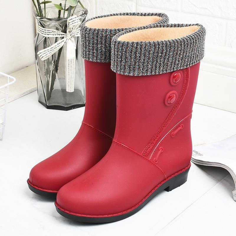 Fashion Velvet Rain Shoes Women's Warm Mid-tube Rain Shoes Winter Solid Color Low-heeled Non-slip Snow Boots Going Out Rubber Shoes