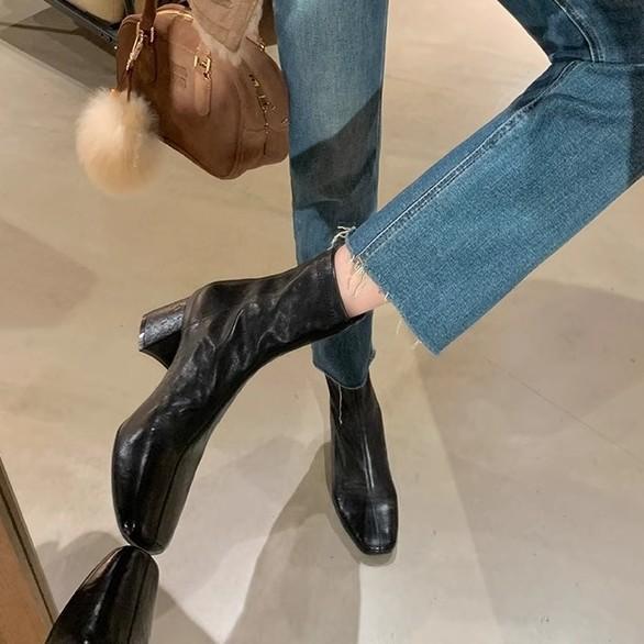 Winter new washed horse leather pattern thin boots retro short women's leather boots rear zipper square head boots women's versatile