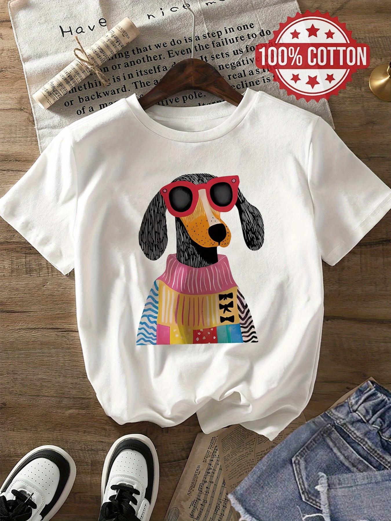 

European sizes100 Pure Single Piece Casual Round Neck T-shirt with Dog Printing for Summer, Women s Clothing 4XL