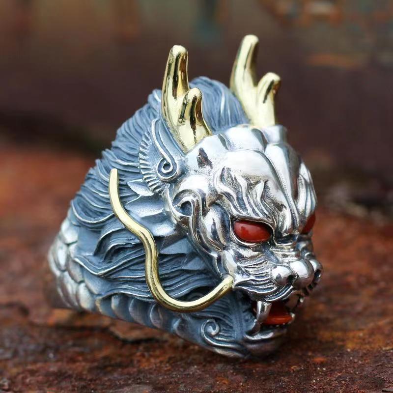 Retro Domineering Dragon Mens Rings Trendy Retro High-End Turquoise Southern Red Tourmaline Ring Adjustable Jewelry