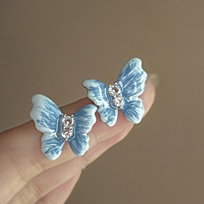 Ice quenched blue flower artificial crystal fringed earrings Cool wind temperament stud earrings Internet celebrity earrings