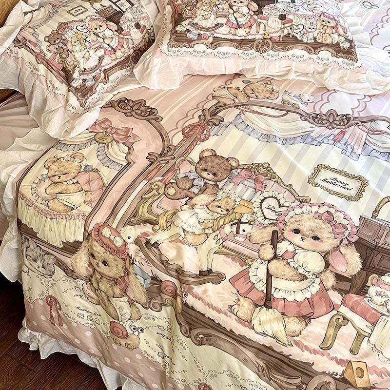 Cute Cartoon Lolita Pure Cotton Bedsheet and Duvet Cover Set – All-Cotton, Four-Piece Set
