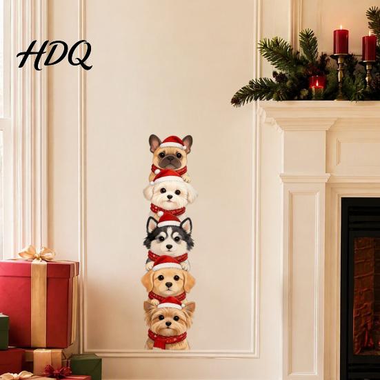 Holiday Home Accents Christmas Puppy Wall Stickers Removable Self-adhesive Dog Decals for Walls Doors PVC